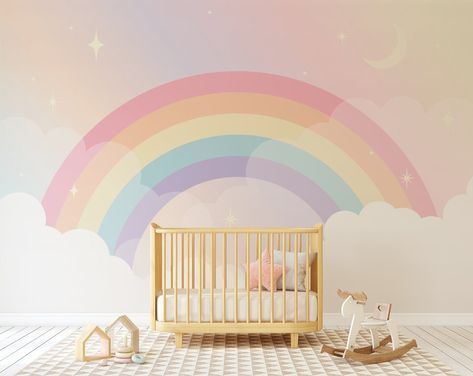 Nursery Wallpaper Mural Pastel Pink Rainbow in Clouds Mural - Etsy Rainbow Room Kids, Rainbow Mural, Rainbow And Clouds, Kindergarten Wallpaper, Wall Art Mural, Clouds Nursery, Kids Room Paint, Pastel Walls, Rainbow Room