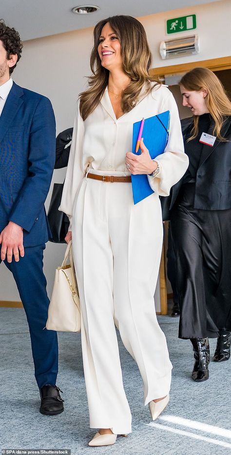 A bit of all white! Princess Sofia of Sweden looks radiant as she joins her husband Prince Carl Philip at the European Parliament | Daily Mail Online Princess Sofia Of Sweden Style, Sofia Of Sweden, Sweden Style, Royal Family Fashion, Cat Deeley, Princess Sofia Of Sweden, Stylish Leather Bags, Sweden Fashion, Prince Carl Philip