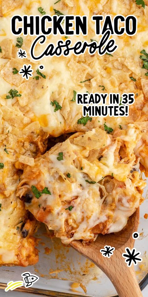 Chicken Taco Casserole Taco Chicken Casserole Recipes, Chicken Tacos Casserole Recipe, Chicken Tacos Casserole, Easy Large Family Dinners, Shredded Chicken Taco Casserole, Easy Chicken Taco Casserole, Chicken Taco Pie, Mexican Main Dish Recipes, Cheap And Easy Casserole Recipes