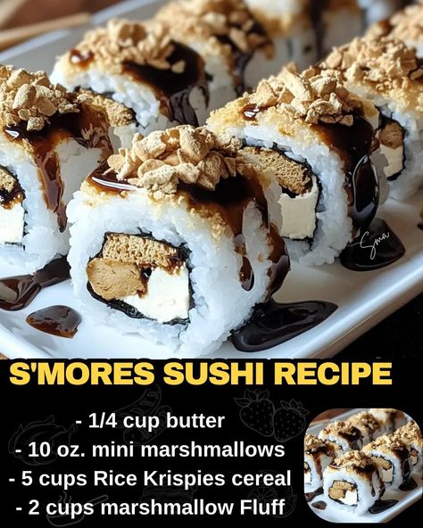 S'mores Sushi Recipe S’more Sushi Recipe, S’mores Sushi Recipe, Smores Sushi Roll, S'mores Sushi Recipe, S'more Sushi, Rice Krispie Sushi Rolls, S’mores Sushi Roll, S’mores Sushi, Dessert Sushi Rolls