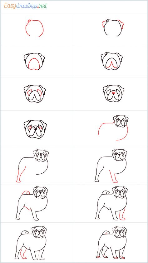 How To Draw A Pug Step by Step - [14 Easy Phase] Pug Drawing Easy Step By Step, How To Draw A Pug, Draw A Pug, Pug Drawing, Drawing Lesson, Doodle Art Journals, Object Drawing, A Pug, Drawing Lessons