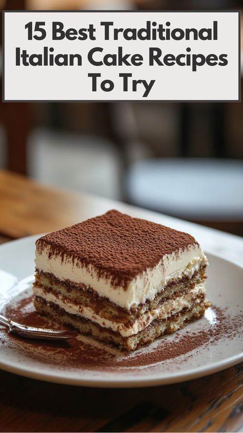 A slice of traditional Italian Tiramisu served on a plate, topped with cocoa powder, showcasing rich layers of mascarpone cream and espresso-soaked ladyfingers. Italian Tiramisu Authentic, Italian Rum Cake Recipe, Italian Cake Recipes, Italian Rum Cake, Italian Love Cake, Traditional Italian Recipes, Italian Desserts Traditional, Custard Cake Recipes, Cannoli Cake