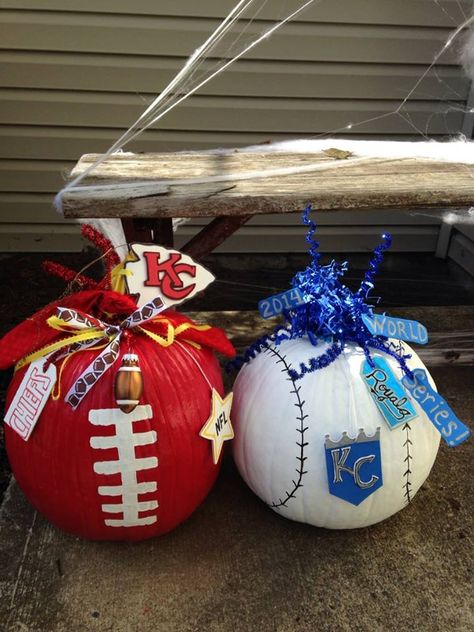 Kansas City Chiefs and Royals painted pumpkins Chiefs Shoes Diy, Kc Chiefs Diy Decor, Phillies Pumpkin Painting, Kc Chiefs Pumpkin Painting, Chiefs Pumpkin Painting, Astros Pumpkin Painting, Football Pumpkins Painted, Kansas City Chiefs Crafts Diy, Easy Pumpkin Ideas Painting