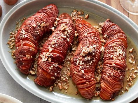 Get Hasselback Sweet Potatoes Recipe from Food Network Hasselback Sweet Potato, Sweet Potato Casserole Southern, Sweet Potato Casserole Recipes, Potato Casserole Recipes, Hasselback Sweet Potatoes, Best Thanksgiving Side Dishes, Hasselback Potatoes, Thanksgiving Recipes Side Dishes, Thanksgiving Side