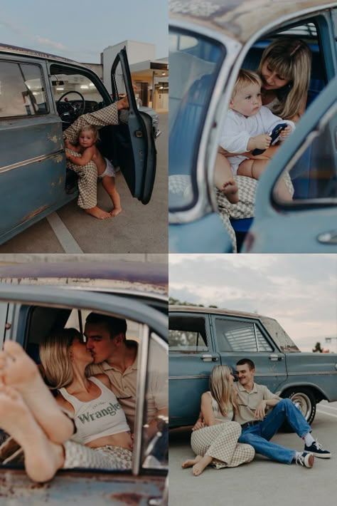 Vw Bus Photoshoot Family, Vintage Family Photoshoot Outfits, Vintage Truck Family Photos, Old Car Family Photoshoot, Family Photos With Car, Classic Car Family Photoshoot, Vintage Car Family Photoshoot, Family Car Photoshoot, Car Family Photoshoot