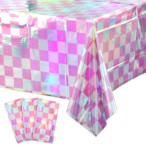 PRICES MAY VARY. Package Includes: You will receive 3 pink and iridescent checkered plastic tablecloths. Each iridescent pink table cover measures approx 54 x 108 inches, fits any rectangular table up to 8 feet in length, suitable for party decoration. Shimmery Laser Checker Tablecloth: The pink buffalo plaid tablecloths for parties feature a shiny holographic design, and it shows different color effects under different light, all very beautiful and shiny, which will be a highlight of your party Iridescent Party Decorations, Pink Table Cover, Picnic Style Party, Iridescent Party, Disposable Tablecloth, Holographic Design, Pink Party Decorations, Table Cloth Decorations, Checkered Tablecloth