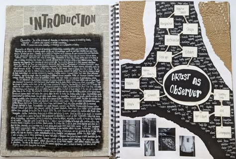 Black paint with newspaper cutouts Gcse Art Introduction Page, Art Introduction Page, Sketchbook Introduction Page, Portfolio Introduction Page, Project Introduction Page Design, Sketchbook Intro Page, Sketch Book First Page Ideas, Introduction Page For Project, Gcse Architecture