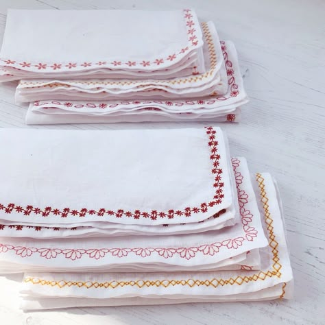 DIY linen napkins – By Hand London Diy Linen Napkins, Embroidery Napkins, By Hand London, Dark Cave, Like Clockwork, Decorative Stitches, How To Tie Ribbon, Diy Napkins, Embroidered Napkins