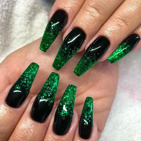 Black With Green Sparkle Nails, Black And Jade Nails, Dark Green Nails Glitter, Dead Nails Design, Wicked Musical Inspired Nails, Neon Green Black Nails, Green And Black Ombre Nails, Petrol Blue Nails, Forest Fairy Nails