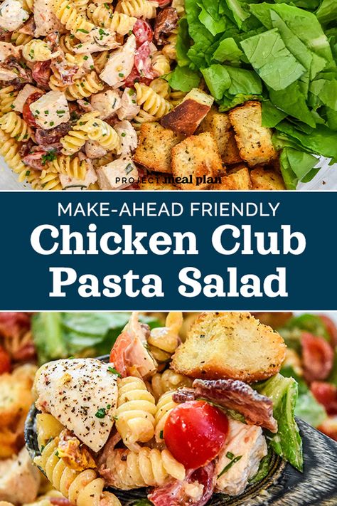 This Make-Ahead Chicken Club Pasta Salad is loaded with bacon, tomatoes, and chicken, covered in a creamy buttermilk ranch dressing. Add croutons, and it tastes just like a chicken club sandwich! Prep ahead directions included! ProjectMealPlan.com Club Pasta Salad, Chicken Club Pasta Salad, Tomatoes And Chicken, Budget Friendly Meals Healthy, Chicken Club Sandwich, Buttermilk Ranch Dressing, Chicken Club, Buttermilk Ranch, 2024 Recipes