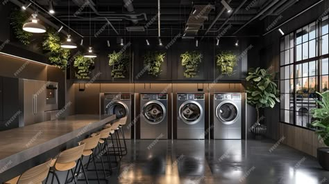 Modern Laundromat Interior with Industrial Charm EcoFriendly Design with Plants Stylish Urban Laundry Room Spacious Clean Organized AI | Premium AI-generated image Commercial Laundry Room Design, Laundry Shop Interior Design, Laundry Shop Design Ideas, Laundromat Interior, Laundromat Design, Modern Laundromat, Laundry Cafe, Apartment Laundry Room, Laundry Business