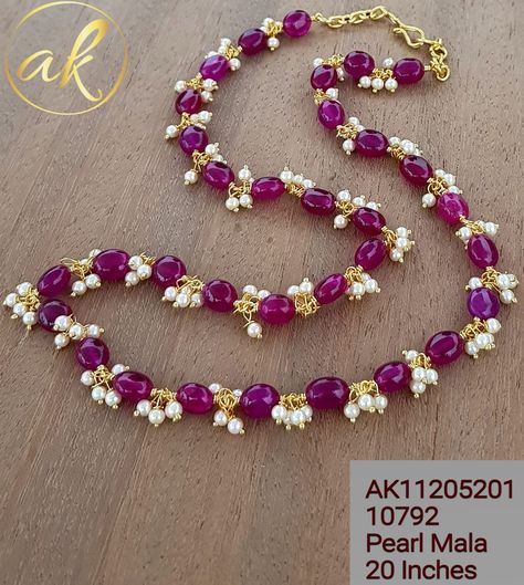 Moti Mala Design Jewellery, Muthyalu Chain, Mala Design Jewellery, Mala Design, Ruby Jewelry Necklaces, Simple Beaded Necklaces, Neck Pieces Jewelry, Indian Jewelry Earrings, Pearl Jewelry Design