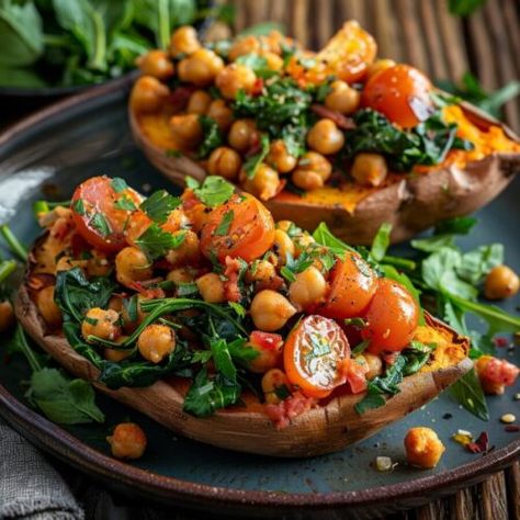 Mediterranean Chickpea and Spinach Stuffed Sweet Potatoes Chickpea And Spinach, Spinach Filling, Mediterranean Chickpea, Stuffed Sweet Potatoes, Dairy Free Dinner, Gluten Free Lunch, Inflammatory Foods, Main Course Recipes, Roasted Sweet Potatoes