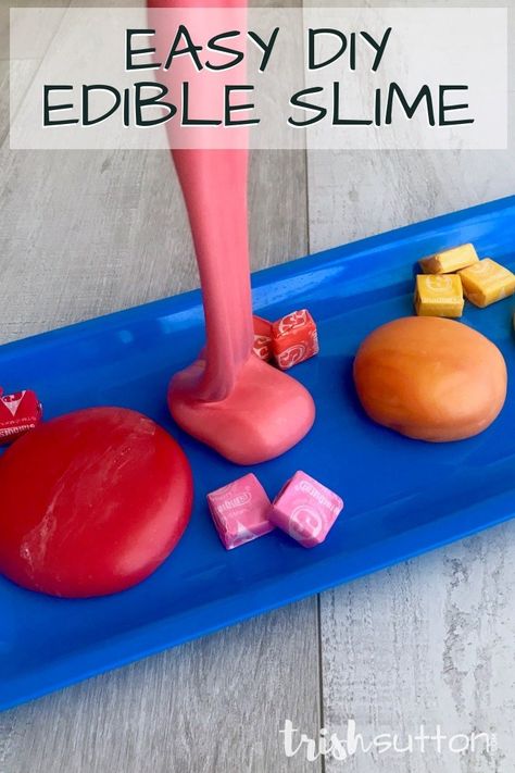 Easy DIY slime for kids without glue; edible slime recipe that is colorful and tasty. For kids of all ages! #slime #kids #summer #bytrishsutton Diy Edible Slime, Starburst Recipe, Diy Slime For Kids, Starburst Slime, Easy Diy Slime, Slime Kids, Starburst Minis, Edible Slime Recipe, Edible Playdough