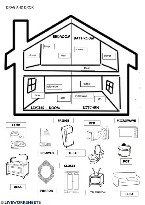 Objects in the house online worksheet for PRIMERO DE PRIMARIA. You can do the exercises online or download the worksheet as pdf. Parts Of The House Worksheet For Kids, House Activities For Kids, Parts Of The House Worksheet, Parts Of House, House Objects, English Exercises, Preschool Activities Toddler, The Worksheet, Learning English For Kids