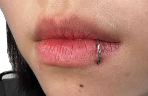 One Lip Piercing, Piercing Lip Ring, Single Snake Bite Piercing, Mouth Piercings Lips, Lip Ring Aesthetic, Lip Percing, Piercing Labret Lateral, Lip Piercings Aesthetic, Labret Lateral