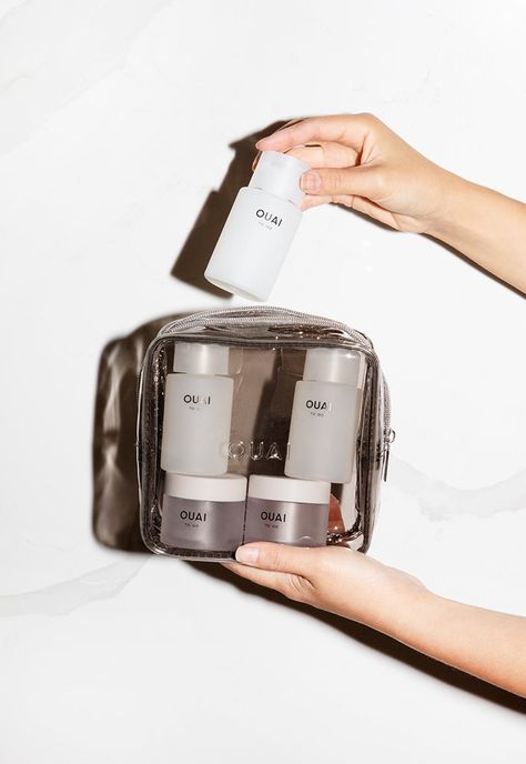 OUAI To Go refillable travel bottle kit 6-piece set Thinning Hair Supplements, Favorite Hair Products, Ouai Haircare, Everyday Bag Essentials, Baby Products Packaging, Detox Shampoo, Bottle Design Packaging, Beauty Treats, Mini Jars