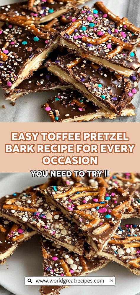 Make entertaining easy and delicious with this Sweet and Salty Toffee Pretzel Bark recipe! This treat combines the satisfying crunch of pretzels with a buttery toffee layer and decadent chocolate, making it the ultimate dessert for any gathering. Perfect for holiday parties or casual get-togethers, this bark is not only quick to prepare but will also leave your guests raving about its flavor. Get ready to impress your friends and family with this delightful and easy-to-make treat! Christmas Toffee Pretzels, Recipes With Crushed Pretzels, Pretzel Toffee Bark Recipe, Toffee Bits Desserts, Saltine Toffee Bark, Toffee Covered Pretzels, Pretzel Bark Recipes Simple, Pretzel And Chocolate Treats, Pretzel Caramel Chocolate Bark