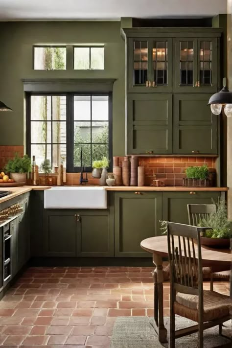 Detail of a rustic kitchen featuring terracotta tile backsplash paired with olive Kitchen With Red Floor Tiles, Green Kitchen Cabinets With Butcherblock Counters, Red Brick Backsplash Kitchen Green Cabinets, Kitchen Tile Floor Green Cabinets, Olive Green Kitchen Walls Oak Cabinets, Green Craftsman Kitchen, Eucalyptus Cabinets Kitchen, Green And Red Kitchen Ideas, Olive Color Kitchen