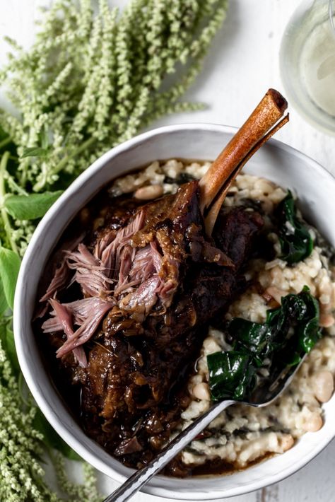 Balsamic and Caramelized Onion Braised American Lamb Shanks over White Bean & Winter Greens Risotto - Superior Farms Red Chard, Balsamic Onions, Braised Lamb Shanks, Winter Greens, Braised Lamb, Lamb Shanks, Ground Lamb, Oven Canning, Caramelized Onion