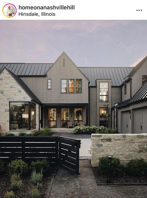 Gray Brick House Exterior, Grey Stone House, Craftsman House Exterior, Gray House Exterior, Black Houses, Happy Friday Friends, Grey Exterior, Grey Houses, Ranch Style Home