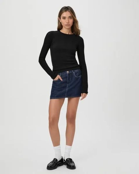 3 Outfit Combinations From Paige We're Wearing This Fall | Who What Wear Denim Mini Skirt Outfit, Denim Trends, Black Long Sleeve Top, Outfit Combinations, Working Hard, Classic Outfits, Environmental Impact, Dark Wash Denim, Denim Mini