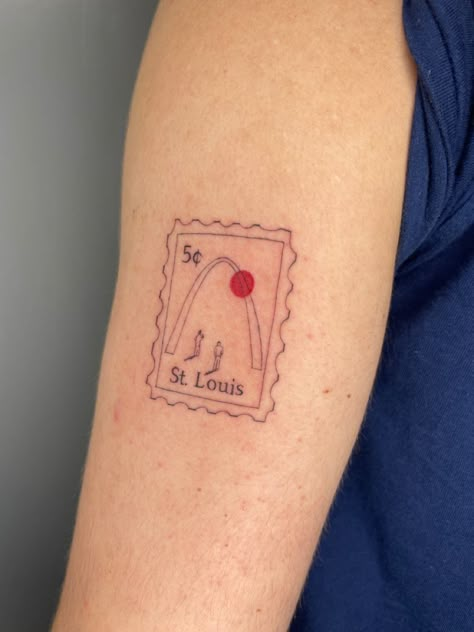 San Francisco Stamp Tattoo, Saint Louis Tattoo, Fine Line Postage Stamp Tattoo, Stl Tattoo Ideas, St Louis Tattoo Ideas, St Louis Arch Tattoo, Stamp Tattoo Postage, Postcard Stamp Tattoo, Post Stamp Tattoo Ideas