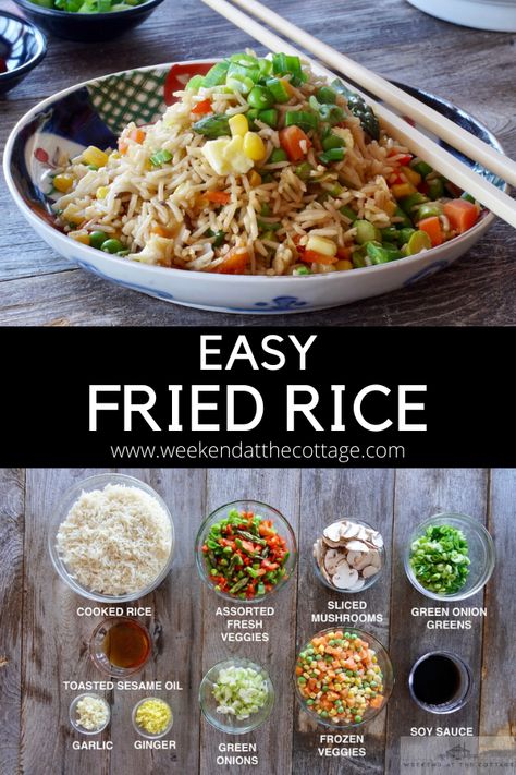 easy fried rice served in an attractive bowl with chopsticks Easy Minute Rice Recipes, Friend Rice Recipe, Lunch With Rice, Minute Rice Recipes, Rice Recipes Side, Easy Fried Rice, Mediterranean Recipes Healthy, Rice Fried, Rice Side Dish Recipes