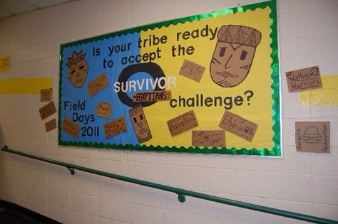 Survivor bulletin board idea Survivor Classroom Theme, Survivor Theme, Survivor Challenges, Bulletin Boards Theme, Physical Education Lessons, School Testing, Class Theme, Teacher Material, Classroom Transformation