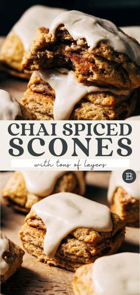 These chai spiced scones are so tender and baked with layers of sweetened chai spice blend! They’re so moist and flavorful and uniquely made by patting and folding the dough multiple times. This creates so many layers and incredibly gorgeous scones! Top with maple icing to make these extra special. Chai Tea Scones, Chai Spice Scones, Chai Layer Cake, Apple Chai Scones, Maple Scones Recipe, Pumpkin Scones With Chai Glaze, Best Chocolate Chip Muffins, Banana Scones, Allergy Friendly Desserts