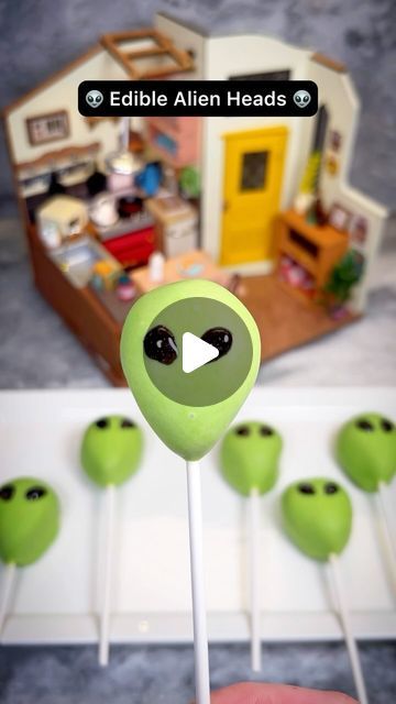 Genevieve LaMonaca on Instagram: "Alien Cake Pops 👽 Follow @chefgenevieve for 50 Halloween inspired recipes 👻

Ingredient:
12 Oreos
2oz softened cream cheese 
10oz white candy melts
4 drops neon green food coloring
Wilton black sparkle gel 

Directions:
Add Oreos to a blender and pulse until you have a crumble. Mix with room temperature cream cheese and form into 8 alien shaped heads.

Chill until firm then add a candy stick.

Melt white coating wafers according to package directions then stir in four drops of neon green food coloring. 

Dip aliens cake pops into green chocolate and allow to dry on parchment paper. Once dried, add 2 dots of black icing gel and use a toothpick to shape the eyes.

Enjoy! 👽 

 #AlienCakePops #HalloweenTreats #HalloweenFood #HalloweenFoodIdeas #spookysnacks Alien Cake Pops, Alien Cake, Black Icing, Candy Stick, Spooky Snacks, Green Food, Candy Sticks, Green Food Coloring, Soften Cream Cheese