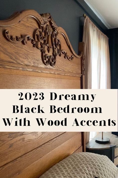 Black Cherry Bedroom, Moody Bedroom Wood Bed, Vintage Dark Wood Bedroom, Cherry Wood Bed, Dark Walls In Bedroom, Moody Bedroom Dresser Decor, Small Moody Guest Bedroom, Moody Bedroom Furniture, Moody Black Bedroom