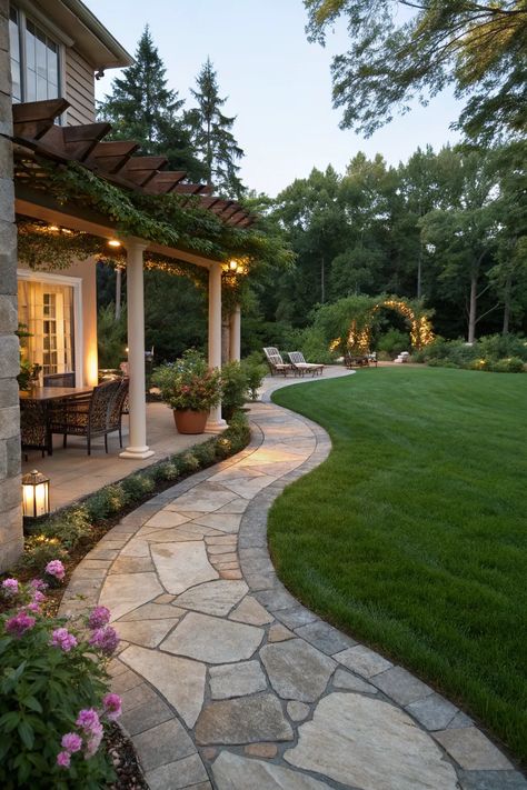 21+ Creative Patio to Grass Transition Ideas Split Backyard Ideas, Raised Grass Area, Turf Patio Ideas, Synthetic Grass Backyard Ideas, Pavers With Rocks In Between, Synthetic Grass Backyard, Natural Stone Edging, Patio Border, Plant Border