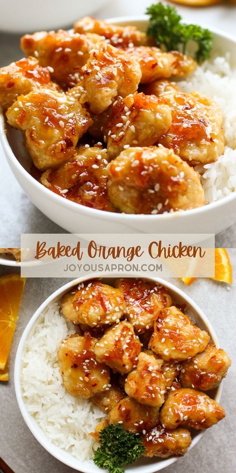 Oven Baked Dinner Ideas, Orange Chicken Baked Recipe, Baked Orange Chicken Recipe, Oven Baked Chinese Chicken, Chicken Oven, Orange Chicken Healthy Recipe, Oven Orange Chicken, Creative Dinner Recipes, Healthy Orange Chicken Recipe