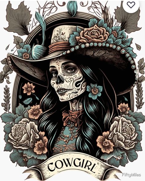 Vaquera Tattoo, Cowgirl Skeleton Tattoo, Witchy Cowgirl Aesthetic, Sugar Skull Art Drawing, Sugar Skull Artwork, Country Tattoos, Skull Sleeve Tattoos, Skull Sleeve, Japan Tattoo Design