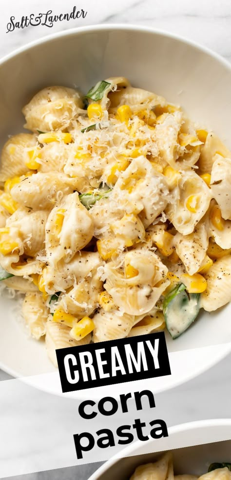 You'll fall in love with this easy creamy corn pasta recipe! It's bright, summery, and makes great use of your corn harvest! (Frozen works too) Creamy Corn Pasta With Basil, Creamy Corn Pasta Sauce, Corn And Ricotta Pasta, Corn Asparagus Pasta, Dinner Recipes With Corn, Shrimp And Corn Pasta, Creamy Corn And Spinach Pasta, Cream Corn Pasta, Corn Tomato Pasta