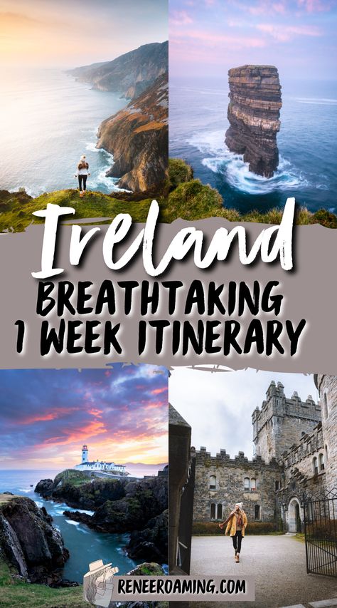 Photo collage of travel photographs of Ireland. Featuring gorgeous Ireland scenery, landscapes, coasts, and castles. Linked to a travel guide about Ireland and how to plan a week long trip around the country. Southern Ireland Itinerary, Ireland One Week Itinerary, Where To Visit In Ireland, Family Trip To Ireland, One Week In Ireland, 7 Days In Ireland Itinerary, Ireland Scotland England Itinerary, Ireland Itinerary One Week, Ireland Road Trip Map