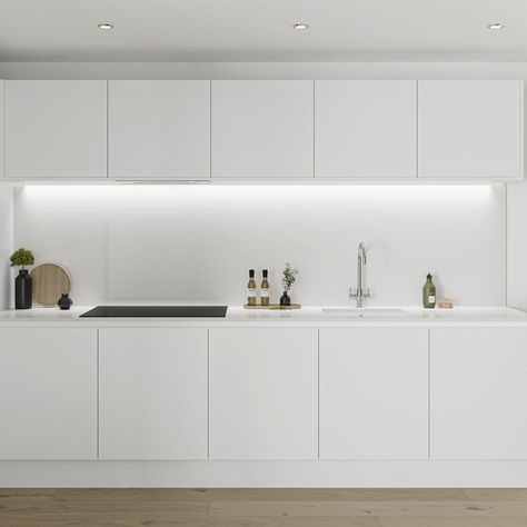 Matt White Handless Kitchen, White Linear Kitchen, White Kitchen Howdens, Handleless White Kitchen, White Morden Kitchen, White Kitchen Handleless, Hockley Super Matt Kitchen, Howdens White Kitchen, Howdens Hockley Kitchen