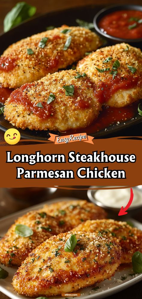 Longhorn Steakhouse Parmesan Chicken, Longhorn Steakhouse, Creamy Parmesan Sauce, Breaded Chicken Breast, Fried Chicken Breast, Chicken Bake, Creamy Parmesan, Parmesan Sauce, Parmesan Chicken