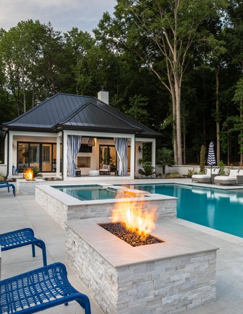 Detached Garage Pool House Ideas, White Pool House Exterior, New Build Pool Ideas, Guest House Exterior Ideas, Back Porch Ideas With Pool, Big Backyard Patio Designs With Pool, Modern Farmhouse Backyard With Pool, Pool And Guest House Ideas, Backyard Pool And Pool House Ideas