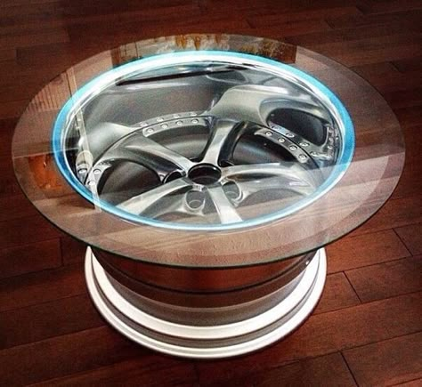 Awesome rim table Ultimate Man Cave, Car Part Furniture, Automotive Furniture, Yantai, Car Furniture, Man Cave Home Bar, Automotive Decor, Rims For Cars, Victorian Furniture