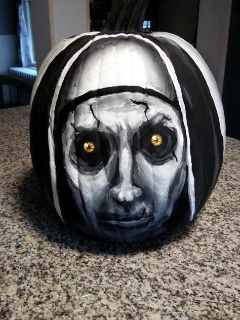 The Nun, pumpkin Pumpkin Painting Ideas Terrifier, Terrifier Painted Pumpkin, Pumpkins Painting Ideas Scary, Terrifier Clown Pumpkin, Shrek Painted Pumpkin, Painted Scary Pumpkins, Scary Pumkins Ideas Painted, Pumpkin Painting Ideas Easy Scary, Zombie Painted Pumpkin