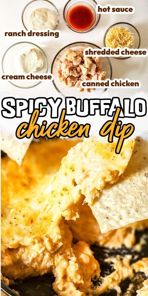 Easy Chicken Buffalo Ranch Dip Canned Chicken Dip, Hot Dips For Parties, Buffalo Chicken Dip Canned Chicken, Spicy Chicken Dip, Buffalo Dip Recipe, Buffalo Ranch Chicken Dip, Baked Buffalo Chicken Dip, Buffalo Chicken Dip Oven, Spicy Buffalo Chicken Dip