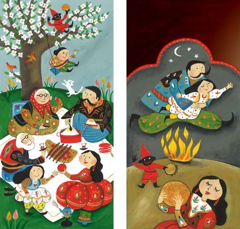 The Story of Norouz - Rashin 7seen Ideas, Noroz Iran, Khorshid Khanoom, Persian Artwork, Happy Norooz, Nowruz Table, Iranian New Year, Haft Sin, Yalda Night