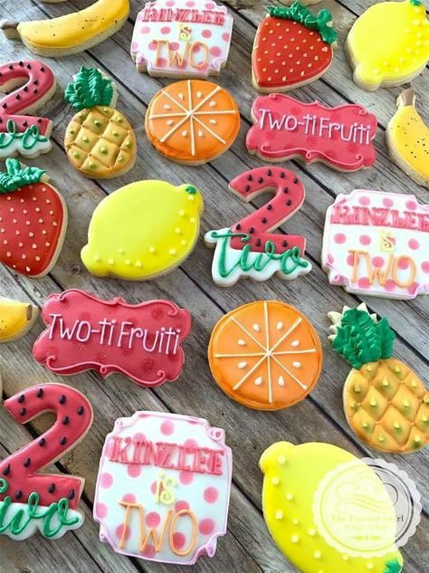 Kids birthday cookies, 2 birthday cookies, tutti fruiti cookies, birthday cookies, cookies decor Tutti Fruity Party, Twotti Fruity, Tutti Frutti Birthday Party, Fruit Birthday Party, 2nd Birthday Party For Girl, Fruit Birthday, Feeling Thankful, Second Birthday Ideas, Watermelon Birthday