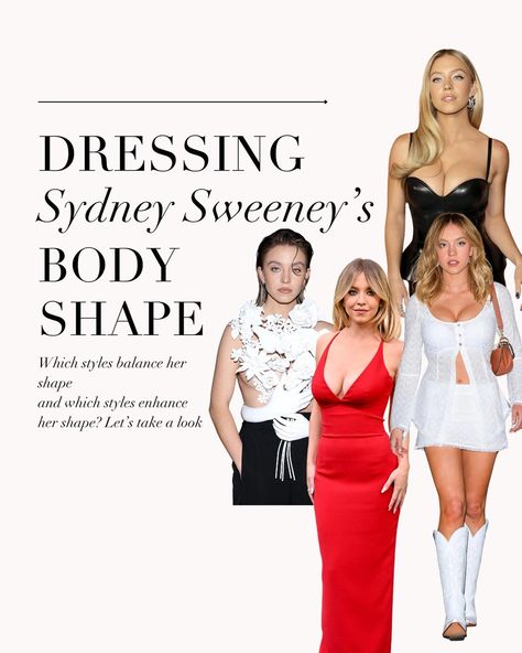 Dressing Sydney Sweeney’s Body Shape. Both balancing and enhancing her body type 🖤 . #sydneysweeney #bodytype #bodyshape #bodytypes #imageconsultant Sydney Sweeney Body Type, Sydney Sweeney Style, Sydney Sweeney Outfits, Colour Analysis, Soft Gamine, Sydney Sweeney, Inverted Triangle, Image Consultant, Color Analysis