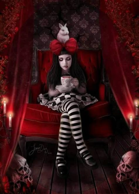 Dark Alice In Wonderland, Alice Madness, Red Chair, Goth Art, Lewis Carroll, Adventures In Wonderland, Gothic Girls, Gothic Art, White Rabbit