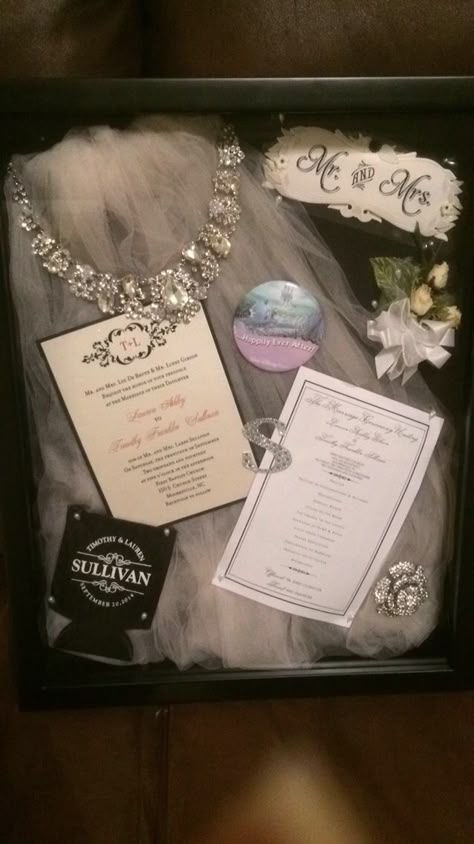 Wedding shadow box 2014 Brides veil, necklace, invite, program, disney honeymoon pin, grooms flower, the brooch from the cake I made this very easy!!! Mrs. Lauren Sullivan Veil Shadow Box Wedding, Bridal Shadow Box Ideas, Grooms Flower, Wedding Shadowbox, Brides Veil, Disney Wedding Invitations, Simple Wedding Dress With Sleeves, Shadow Box Ideas, Pearl Pins