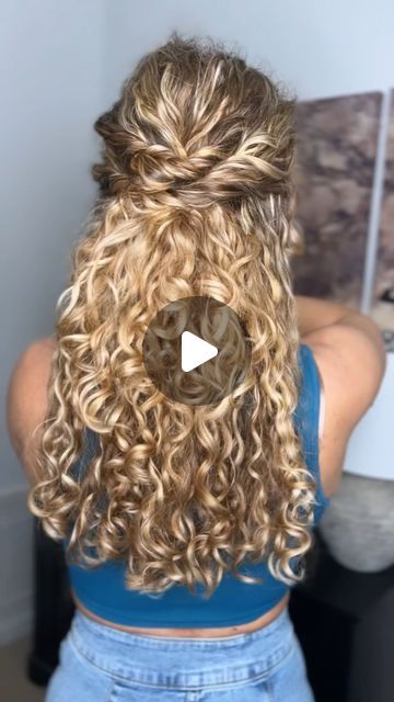 Candace Stuller on Instagram: "Twisted Half Up Hairstyle ⁣ ⁣ Yes or no?! Recreating an old style. Perfect for a formal event. Save to try later!⁣ ⁣ *Twist and pull at each section to make it appear larger. Stack underneath and pin as needed! ⁣ ⁣ #formalhairstyle #curlyupdo #halfuphalfdown #hairtutorial" Wedding Hairstyle For Natural Curly Hair Half Up Half Down, How To Pin Back Curly Hair Half Up, Hair Updo Half Up Half Down, Half Up Curly Hairstyles Tutorials, Half Up Hair For Curly Hair, Hair Up For Curly Hair, Naturally Curly Half Up, Curly Event Hairstyles, Curly Hairstyles For A Wedding Guest