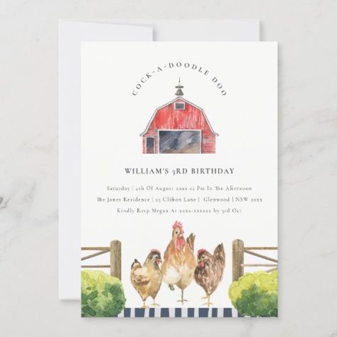 $2.95 | Chic Red Barn Chicken Farm Watercolor Birthday #chicken, rooster, barnyard, farm party, watercolor, birthday, simple minimal, modern elegant, kids, poultry farm Farm Animal Second Birthday Party, Farmhouse Birthday, Farm Watercolor, Animal Party Invitations, Minimal Watercolor, Farm Cookies, Farm Theme Birthday, Animals Party, Barn Animals